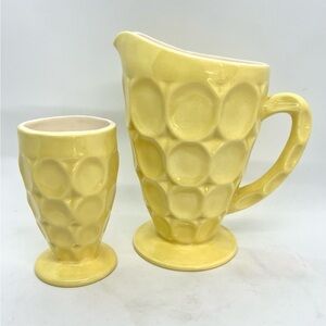 Vintage Jeanette Yellow Milk Glass Thumbprint Pitcher and Matching Tumbler